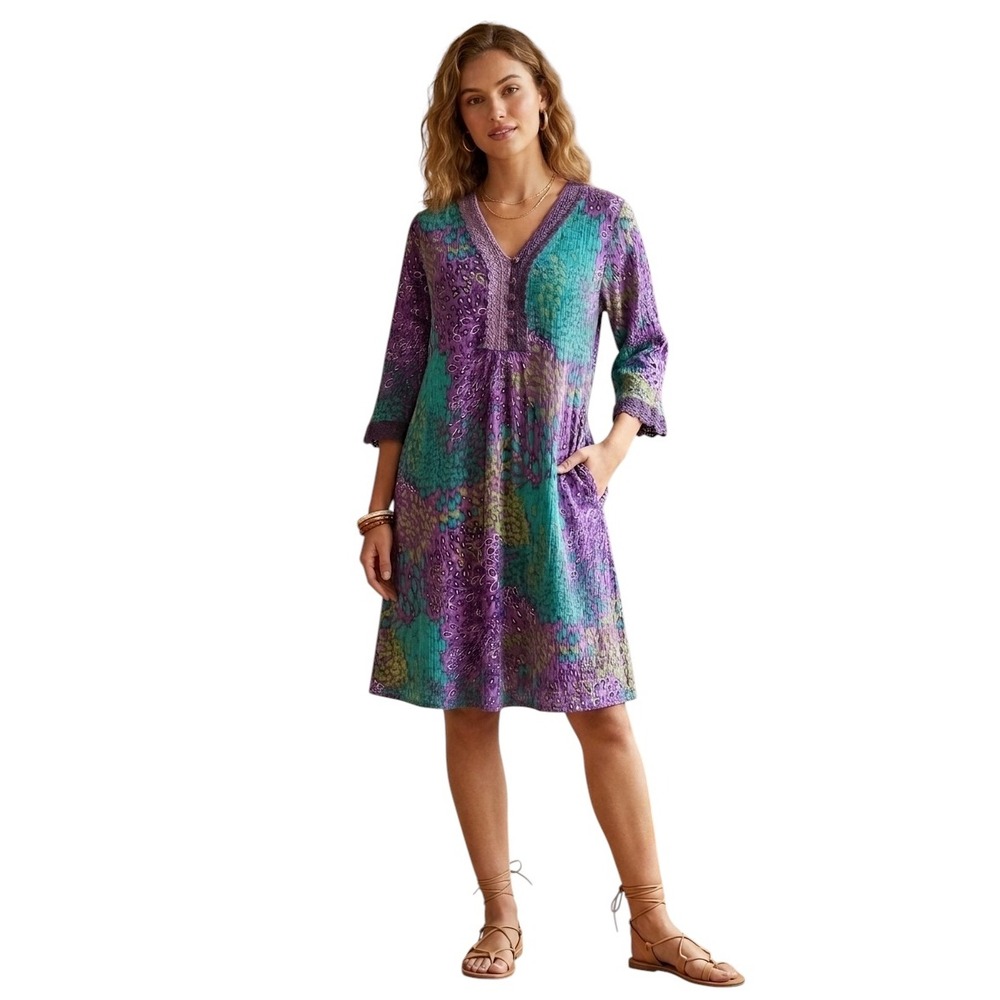 Expressions Womens Purple Teal Cotton Crinkle Boho Midi Dress Pockets Size L